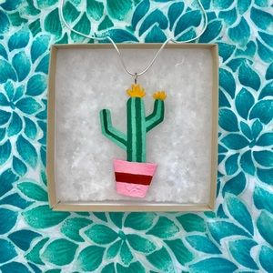 Boho urban floral cactus painted silver necklace